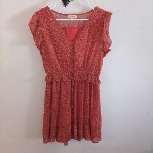 Trinhnology Women's Orange Floral Sleeveless Ruffled V-Neck Dress Sz Med